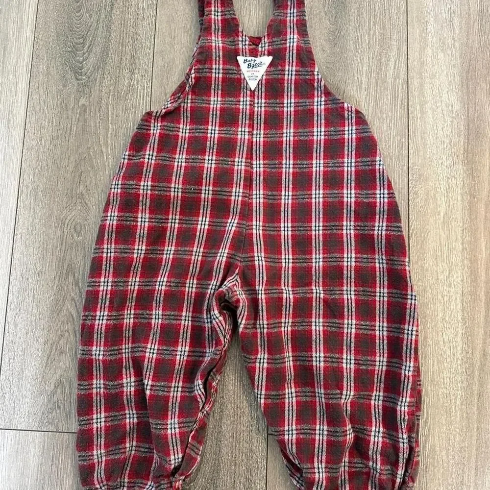 Vintage Oshkosh B'gosh Red Plaid Flannel Lined Vestbak Overalls Kids Size 24mo